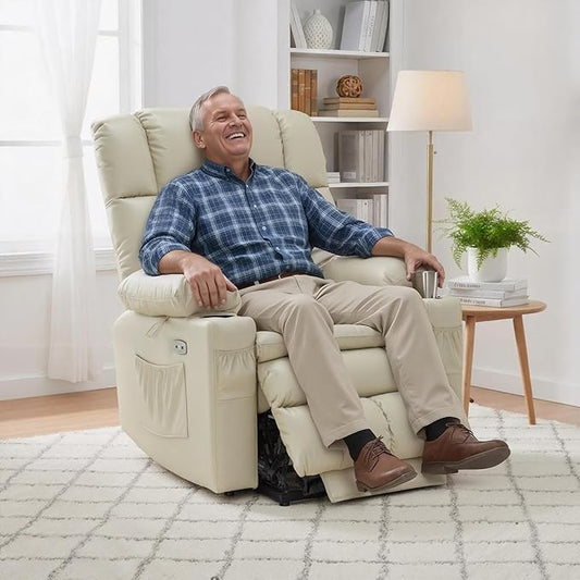 MCombo Dual Motor Power Lift Recliner Chair for Elderly, Lay Flat Lift Chair with Heat and Massage, Cup Holders, USB Ports, Faux Leather 7890 (Cream White, Medium)