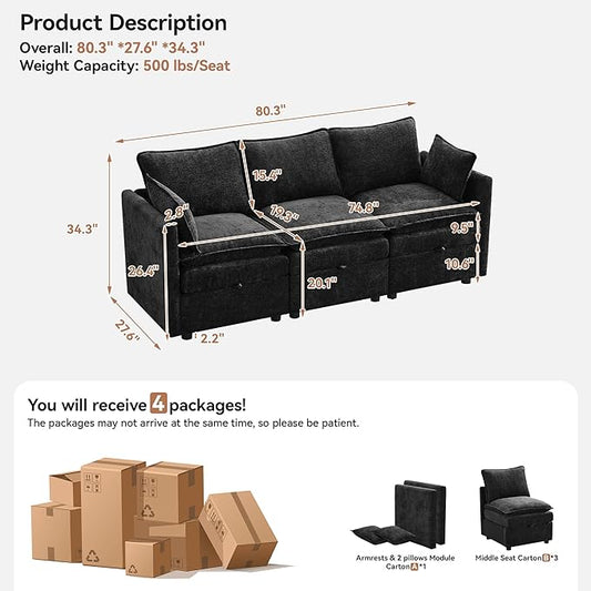 80" Cloud Modular 3 Seater Sofa with Storage, Modern Upholstered Storage Sofa Couch Deep Seat, Sectional Sofa Chenille Comfy Couch with Armrests for Living Room, Small Space, Black