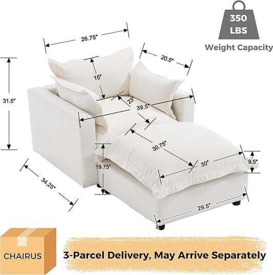 chairus 39.5" Chaise Lounge Chair Indoor with Ottoman, Upholstered Single Sofa Couch Chair Oversized Linen Reading Armchair for Living Room, Bedroom, Reception Room, Apartment, White