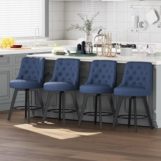 MINCETA Set of 4 Upholstered Bar Stools - 26 Inch Swivel Counter Height Stools with Low Tufted Back, Footrest & Performance Fabric - Round Seat for Kitchen Island & Home Bar Blue