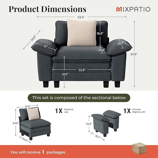 53.5" Cloud Modular Sectional Single Sofa, Deep Seat Armchair with Plush Chenille & Removable Arms for Living Room, Cyan
