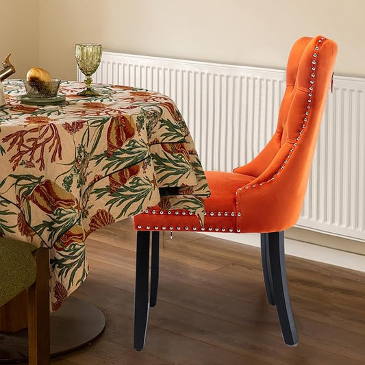 Velvet Upholstered Dining Chairs Set of 4, Modern Style Kitchen Side Chairs with Nailhead Trim and Wood Legs,Metal Pulling Ring for Dining Room Living Room(Orange,Set of 4)