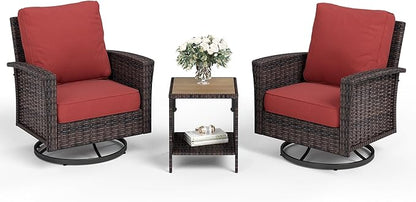 Patio Wicker Swivel Chairs Set of 2, Outdoor High Back Chairs with 5.5" Waterproof Cushions and Side Table, Outdoor Furniture Set for Deck Porch and Yard, Peacock Blue