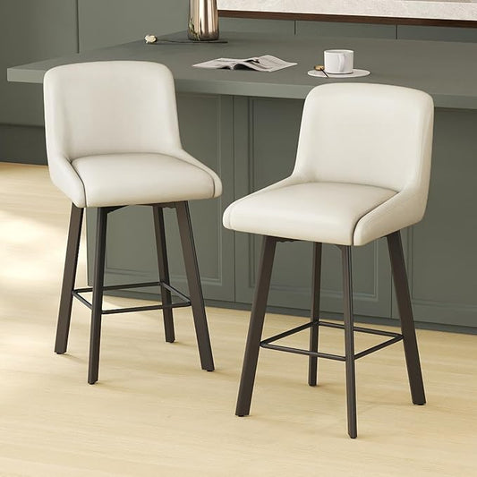 Swivel Bar Stools, 26''H Upholstered Barstools with Backs, Modern Counter Height Bar Stool Chairs for Kitchen Island, Metal Legs (Beige- Faux Leather, Set of 2-26" H)