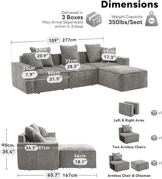 WILLOVE 109'' Modular Sectional Sofa, Chenille Cloud Couch with Wide Armrests & 5 Pillows, Deep Seat Couches for Living Room, Grey