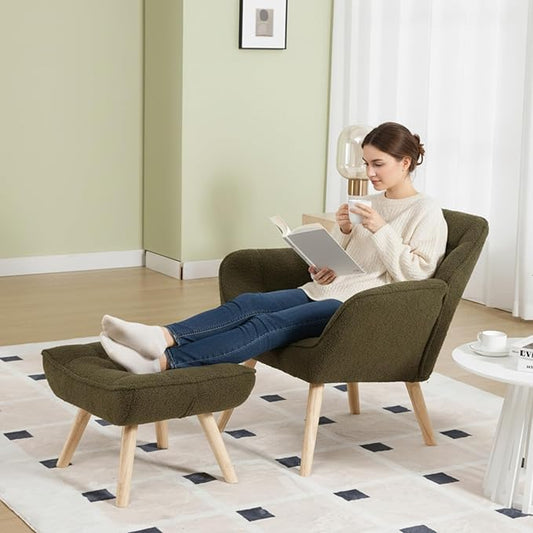 Small Accent Chair with Ottoman, Sherpa Upholstered Lounge Chair with Footrest, Comfy Reading Armchair with Wood Legs for Living Room Bedroom, Green