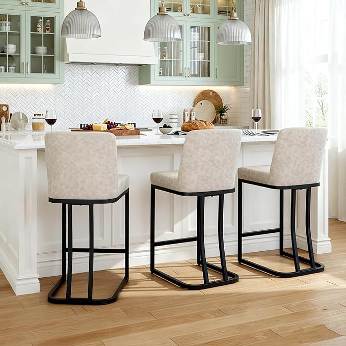 MAISON ARTS Counter Height Bar Stools with Back Set of 3 for Kitchen Counter, 24 Inch Modern Upholstered Faux Leather Barstools Farmhouse Bar Chairs Luxury Island Stools Support 330LBS, Light Grey