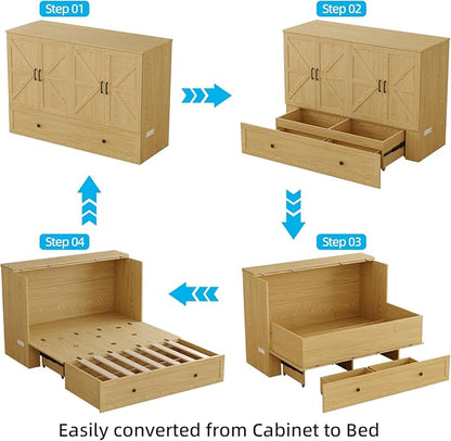 Murphy Bed Queen with Storage & Charging Station, Murphy Cabinet with Foldable Panel, Noisy Free, for Guest Bedroom, Living Room, Office, Distressed,Natural