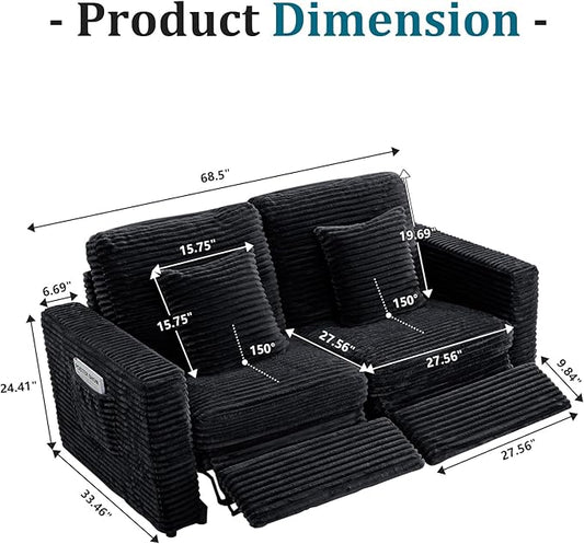 ORRD Power Reclining Sectional Sofa, Electric Loveseat Recliner with 2 Electric Footrest and Adjustable Headrest, Modern Plush Corduroy Fluffy Reclining Sectional with Deep Seat for Living Room-Black