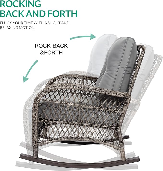 VIVIJASON 7-Piece Outdoor Patio Wicker Conversation Sets, All Weather Outdoor Rattan Furniture Set Includes Glider Loveseat, 2 Rocking Chairs, 2 Swivel-Gliders Chairs, 2 Coffee Table, Grey