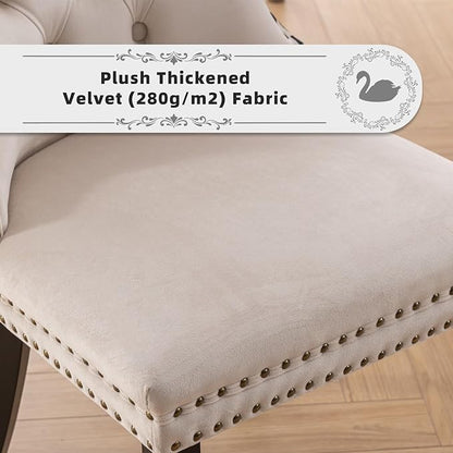 Velvet Upholstered Dining Chairs Set of 6, Modern Style Kitchen Side Chairs with Nailhead Trim and Wood Legs,Metal Pulling Ring for Dining Room Living Room(Quadrangular Star&Beige)
