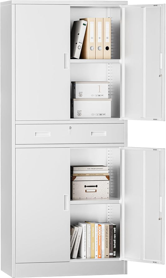 Metal Storage with 1 Drawer, 71" Cabinet with 4 Locking Doors and 2 Adjustable Shelves, Steel Storage File Cabinet for Pantry, Kitchen, Office, Garage (White)