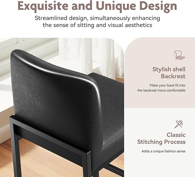 ALPHA HOME 24 Inch Bar Stools, Kitchen Counter Stools with Backs, Black Bar Stools Set of 2, PU Leather Barstools, Kitchen Stools with Back&Upholstered Footrest, Sturdy Chromed Metal Steel Frame