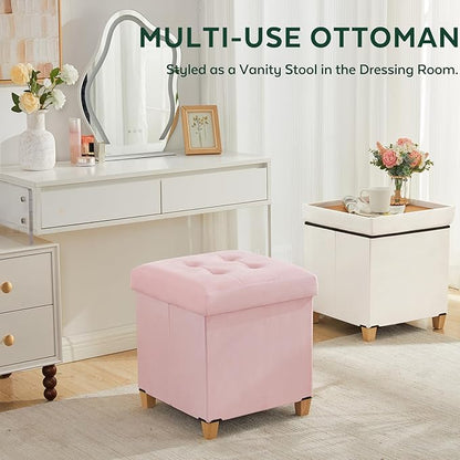 17.7" Ottoman with Storage, Square Storage Ottoman for Dorm, Velvet Ottomans with Legs for Living Room, Bedroom, White