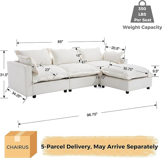 chairus 97" Modular Sectional Sofa with Moveable Ottoman Upholstered Deep Seat Linen Couch Set with Soft Pillows L Shaped Sofa Couch for Living Room, Apartment, Reception Room, 3-Seater/White