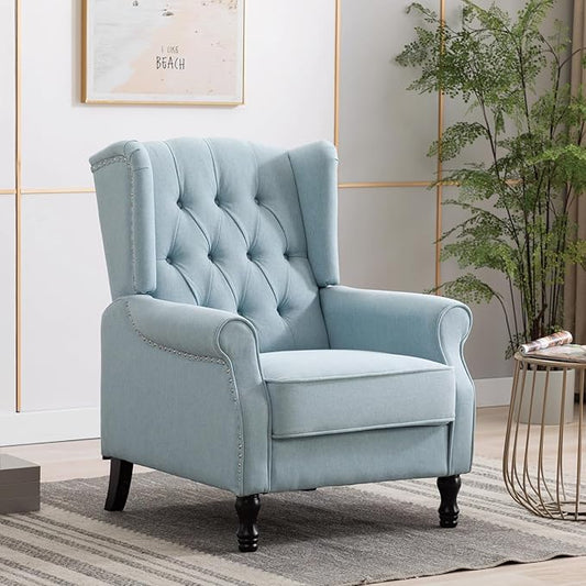 Pushback Recliner, Modern Accent Arm Reclining Sofa, Fabric Wingback Chair for Living Room & Bedroom, Light Blue