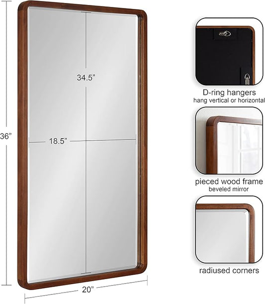 Kate and Laurel McLean Modern Wood Framed Rounded Rectangle Wall Mirror; 20 x 36; Walnut Brown; Decorative Round Rectangular Mirror for Contemporary Wall Decor