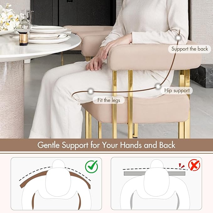 Velvet Dining Chairs Set of 6, Khaki Upholstered Barrel Armchairs with Gold Metal Legs for Kitchen Island, Mid Century Modern Accent Side Chairs for Dining Room and Living Room, Open-Back
