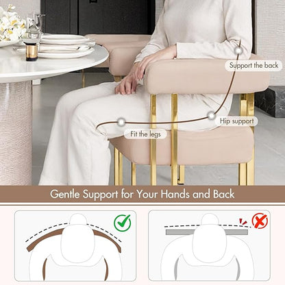 Velvet Dining Chairs Set of 6, Khaki Upholstered Barrel Armchairs with Gold Metal Legs for Kitchen Island, Mid Century Modern Accent Side Chairs for Dining Room and Living Room, Open-Back