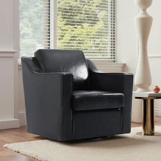 UIXE Faux Leather Swivel Accent Chair, Upholstered Arm Chair for Living Room, Modern Club Armchair Comfy Single Sofa Bedroom Reading Seat with Lumbar Pillow - Black