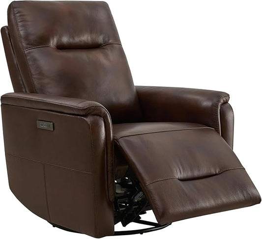 Watson & Whitely Genuine Leather Power Recliner Chairs W Power Headrest for Adults, Swivel Glider Recliner Chair W Charging Ports for Living Room, Dark Brown