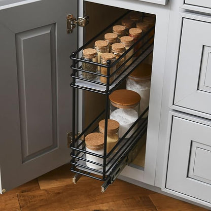 Household Essentials Glidez Multipurpose Paint-Finished Steel Pull-Out/Slide-Out Storage Organizer with Plastic Liners for Under Cabinet Use - 2-Tier Design, Black