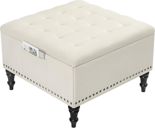 Square Ottoman with Storage Tufted Upholstered Storage Ottoman Square Coffee Table Ottomans with Legs 28’’ Large Fabric Footrest Ottomans Stool with Lift Top for Living Room Beige