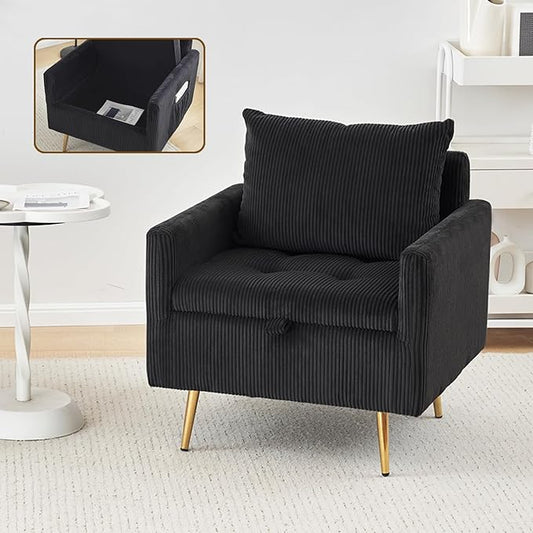 Furnimart Storage Accent Chair with Arm, Mid-Century Corduroy Sofa Chair with Removable Cushion Cover, Reading Chair for Bedroom, Living Room, Apartment, Black