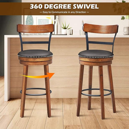 COSTWAY Bar Stools Set of 4, 360-Degree Swivel Stools with Leather Padded Seat, Single Slat Ladder Back & Solid Rubber Wood Legs, Bar Height Stools for Pub, Restaurant, Kitchen, Brown (4, 30.5)