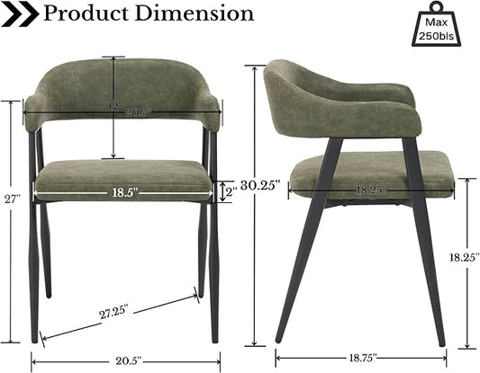 HNY Modern Dining Room Arm Chairs Set of 4, Green Retro Faux Leather Upholstered Barrel Dining Chairs with Arms Mid-Century Accent Chair with Metal Legs, Open-Back Kitchen Side Chairs for Living Room