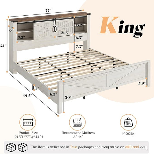 AMERLIFE Farmhouse King Bed Frame, Rustic Wood Platform Bed w/Barn Door Storage Bookcase Headboard & Charging Station, Bedroom Furniture, No Box Spring Needed, Antique White
