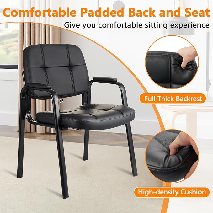 CLLATINA Waiting Room Chairs with Padded Arms Leather Guest Chair no Wheels for Office Reception and Conference Desk Black 2PK