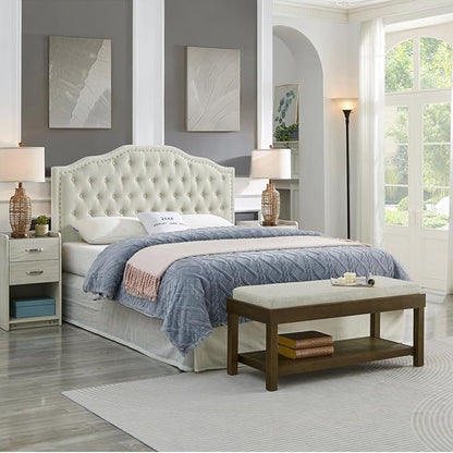 24KF Upholstered Button Tufted Queen Headboard with Nailhead Trim, Elegant Boucle Fabric Full headboard, 6031-Q-Boucle-Beige