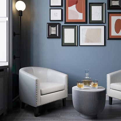 BELLEZE Accent Barrel Chair, Modern Tub Club Chair Upholstered Armchair for Living Room, Faux Leather Chair with Gold Nail Head Trim Black Legs - Kyara (White)