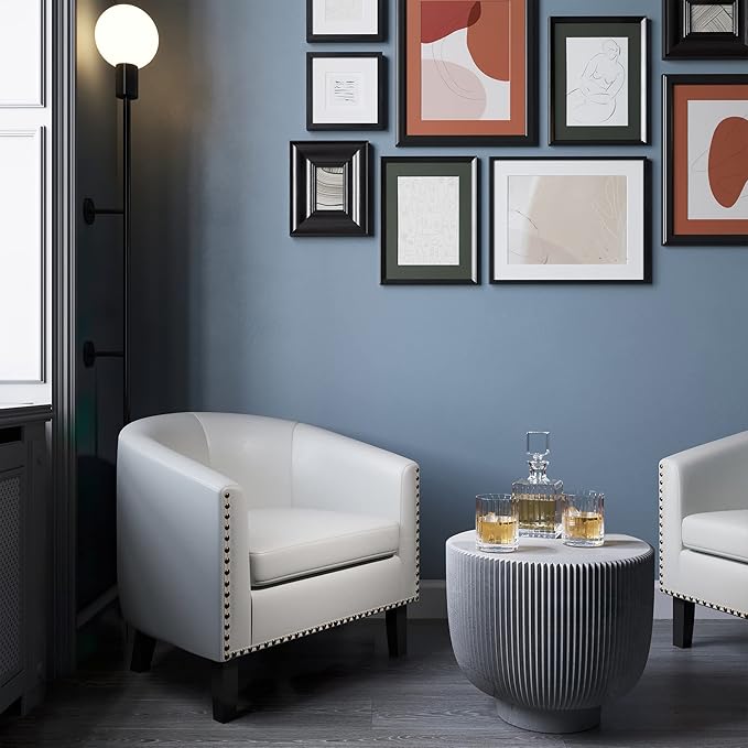 BELLEZE Accent Barrel Chair, Modern Tub Club Chair Upholstered Armchair for Living Room, Faux Leather Chair with Gold Nail Head Trim Black Legs - Kyara (White)