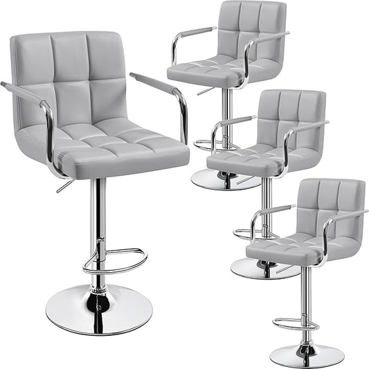 Yaheetech Bart Stools Set of 4, PU Leather Adjustable Barstools with Armrest, Counter Height Stool Chairs with Thickened Seat Cushion for Kitchen Island, Light Grey
