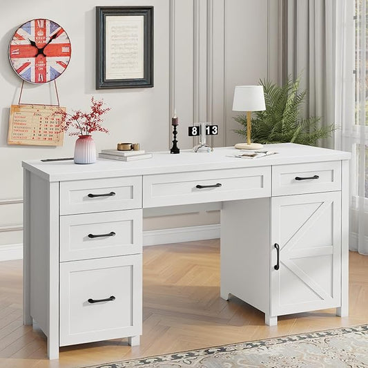 Vabches Farmhouse 61'' Executive Desk with 5 Drawers, Rustic Office Desk Computer Desk with Charging Station, File Drawers and Storage Cabinet, Wood Workstation for Study and Home Office,(Cream White