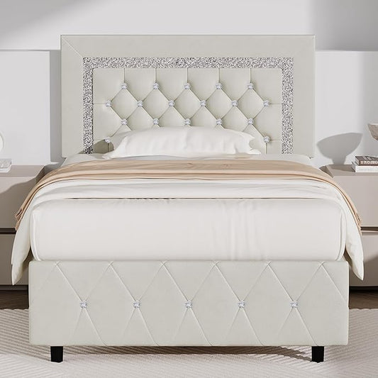 BarnFurin Twin Bed Frame with Diamond Tufted Headboard, Faux Leather Upholstered Bed with Wooden Slats Support, No Box Spring Needed, Mattress Foundation, Easy Assembly, Cream