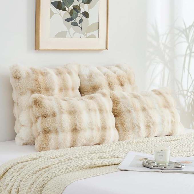 FUTEI Beige White Decorative Throw Pillow Covers 22x22 Inch Set of 2,Soft Fuzzy Faux Rabbit Fur Cushion Covers with Raised Texture,Neutral Boho Home Decor for Couch Bed Living Room