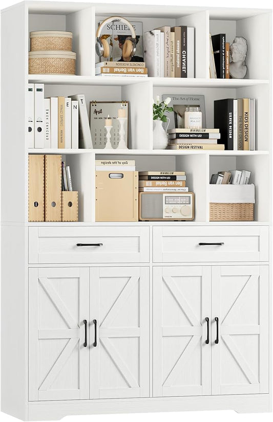 HOSTACK 71" Tall Bookcase with Drawers and Doors, 47" Wide Book Shelf and Bookcase with Storage, 6 Tier Large Book Storage Cabinet with 14" Deep Display Shelves for Living Room, Home Office, White