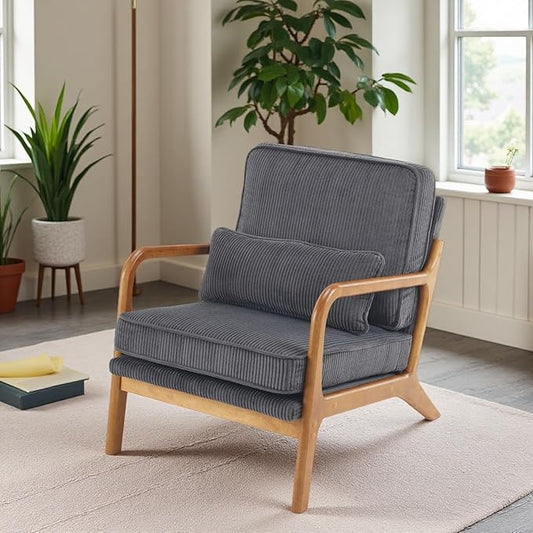 VINGLI Upgraded Premium Corduroy Accent Chair,Upholstered Arm Chair,Solid Wood Comfy Reading Chair with Lumbar Pillow, Mid Century Modern Chairs for Living Room,Bedroom,Dark Grey