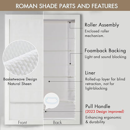 Madison Park Galen Cordless Roman Shade, 23"W x 64"H, Sheen White – Room Darkening, Thermal Insulated, Energy Efficient Window Blind with Subtle Sheen Basketweave Fabric for Privacy