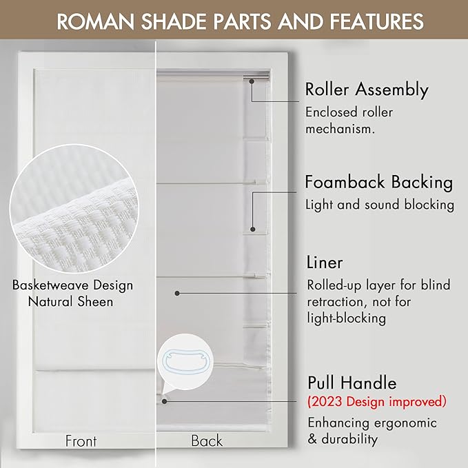 Madison Park Galen Cordless Roman Shade, 34"W x 64"H, Sheen White – Room Darkening, Thermal Insulated, Energy Efficient Window Blind with Subtle Sheen Basketweave Fabric for Privacy