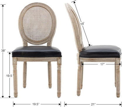 Farmhouse Leather Dining Room Chairs Set of 6 French Dining Chairs with Round Rattan Back French Bistro Chairs for Dining Room/Living Room/Kitchen/Restaurant, Black
