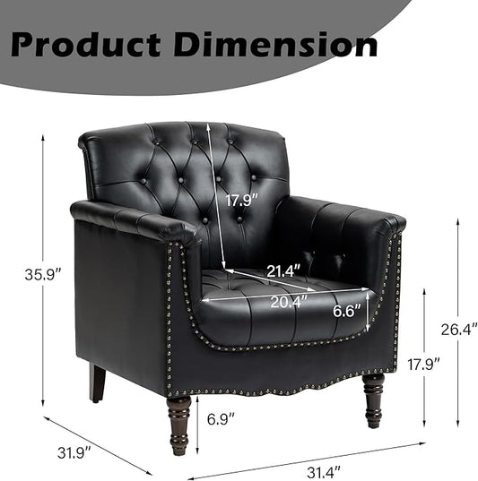 Faux Leather Accent Chairs Set of 4, Upholstered Armchairs with Nailhead Trims & Wood Legs for Living Room, Bedroom, Contemporary Comfy Club Chairs for Office-Black