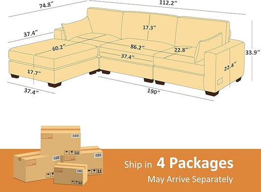 VANOMi Large Modular Sectional Sofa, Oversized Couch with Charging Station, Cloud Couch Deep Seat Sofa with Thick Cushion, Convertible Sectional Couches for Living Room Office Apartment