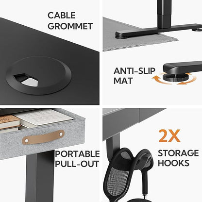 Seang Standing Desk with Drawer, 55" x 24" Height Adjustable Stand Up Desk, 3 Memory Height Settings with Cable Grommets & Storage Hooks, Ideal for Home & Office, Black