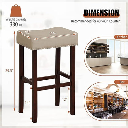 COSTWAY Set of 4 Bar Stools, 29.5-inch Backless Saddle Stools with Nailhead Trim, Rubber Wood Frame, Footrest, Max Load 330 lbs, Upholstered Barstools for Kitchen Island Pub, Beige