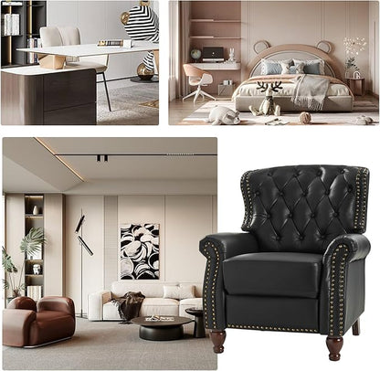 HULALA HOME Genuine Leather Recliner Chair Set of 2 w/Solid Wood Feet, Modern Adjustable Tufted Push Back Arm Chair w/Rivet Decoration, Home Theater Seating Reclining Sofa for Living Room, Black