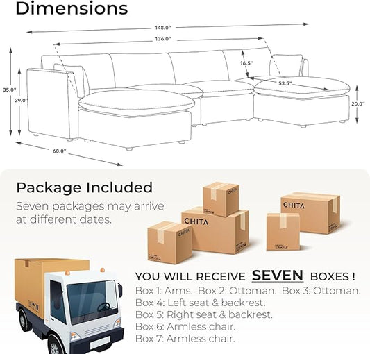 CHITA Luxury Oversized 148" U-Shaped Sectional Sofa Couch, Premium Down Filled Cloud Modular Sectional with Storage Ottoman, FSC Certified, 6 Seat for Living Room, Cream